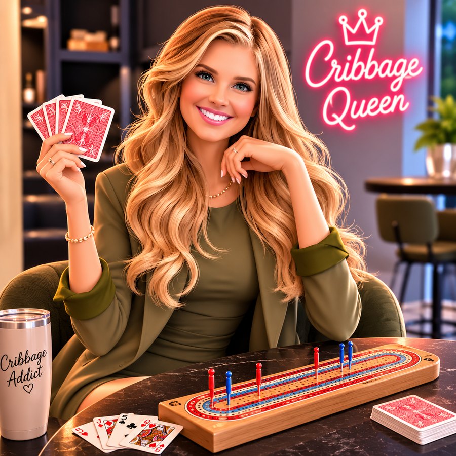 The Cribbage Queen — cards in hand, board on the table